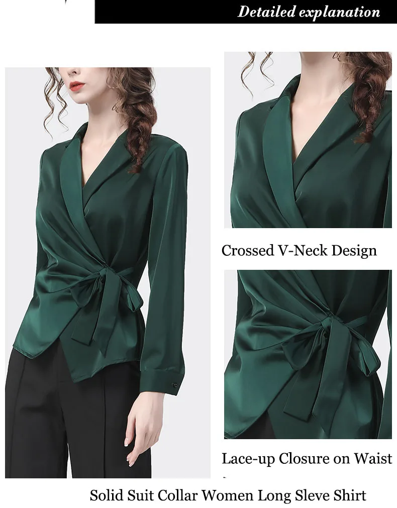 Womens Long Sleeve Green Satin Lace-Up Shirt Crossed V-Neck Elegant Slim Fit Spring Summer Ladies Tops Casual Working Blouses