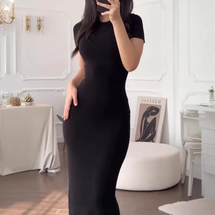 

Summer 2025 Sexy Bla Long Faion Par Dr Women's H-Line Polyester ort-Sve Bodycon Gown Club Sle Daily Wear