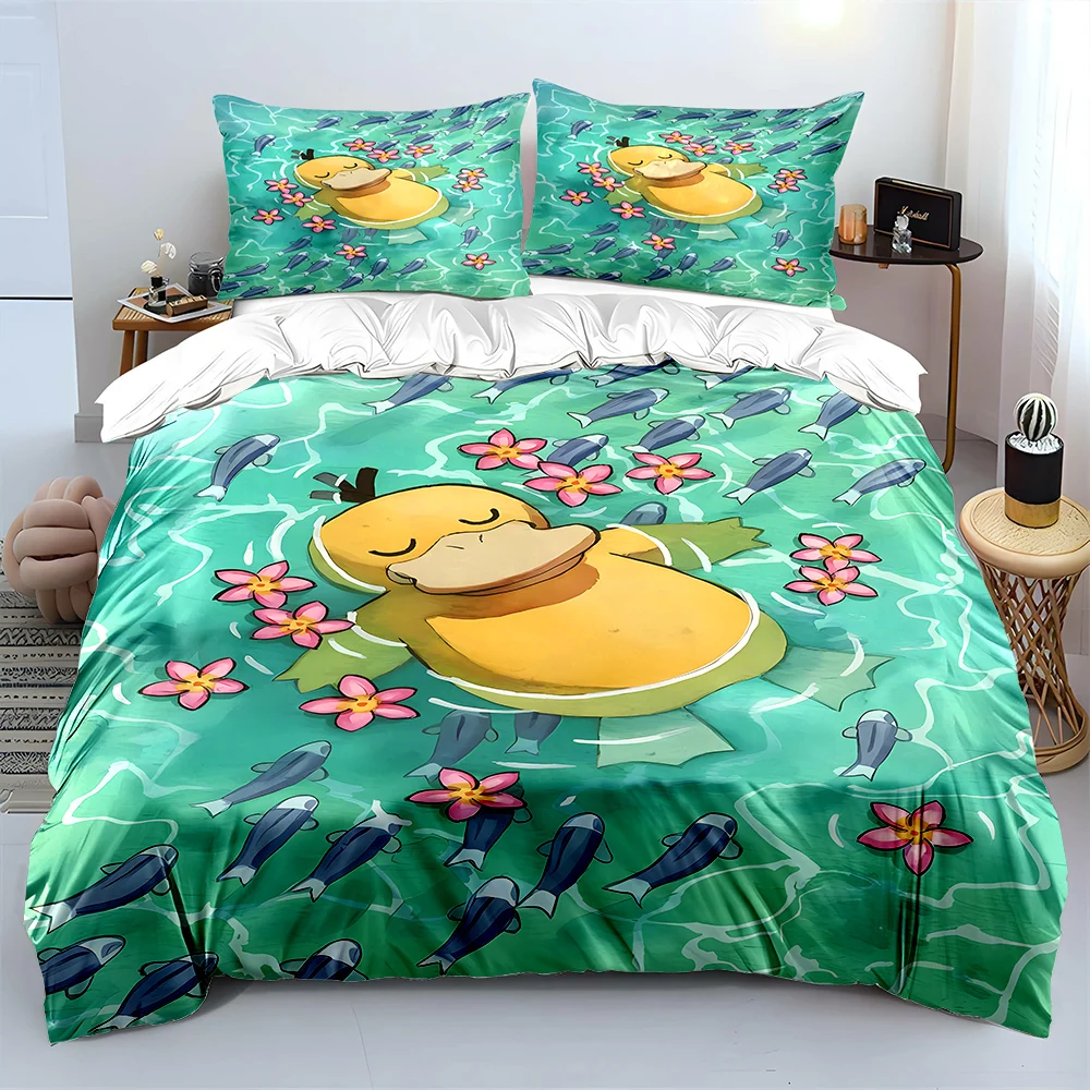 Japanese Anime Pokemon Psyduck Printed Bedding Set Duvet Cover 1 Duvet Cover 2 Pillowcases Adult and Children Bedding Set Luxury