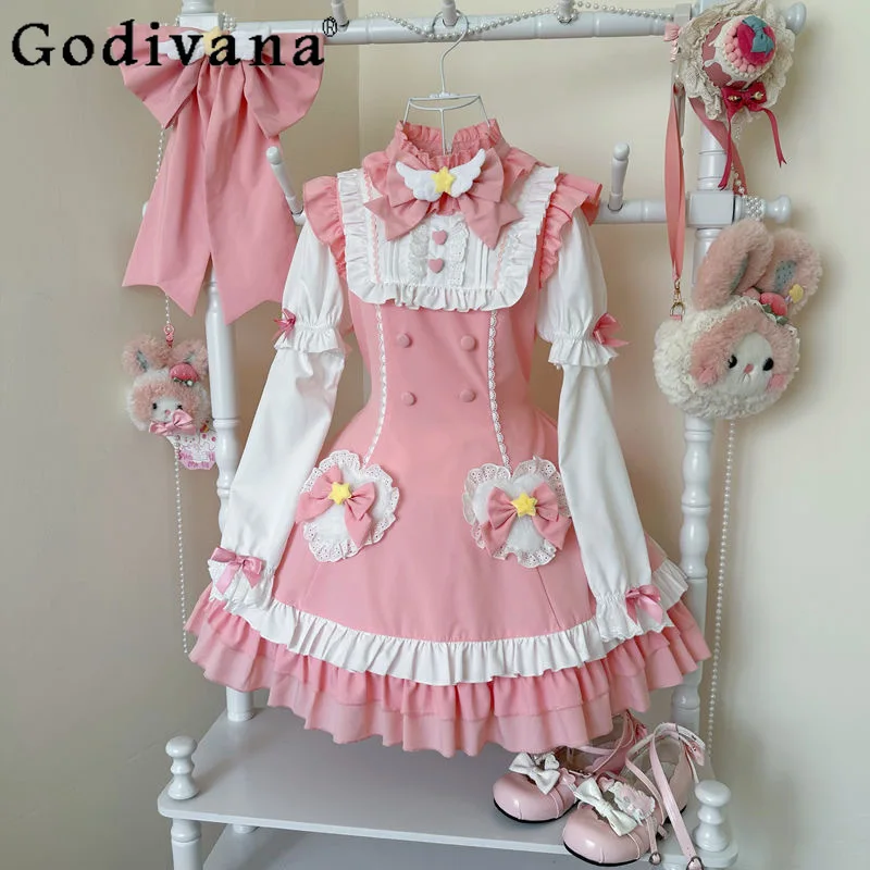 

Women's Pink Lolita Dress OP Women's Cute Sweet Girls Slim-Fit Bow Removable Long Sleeve Short Dress Student Kawaii Dress Autumn