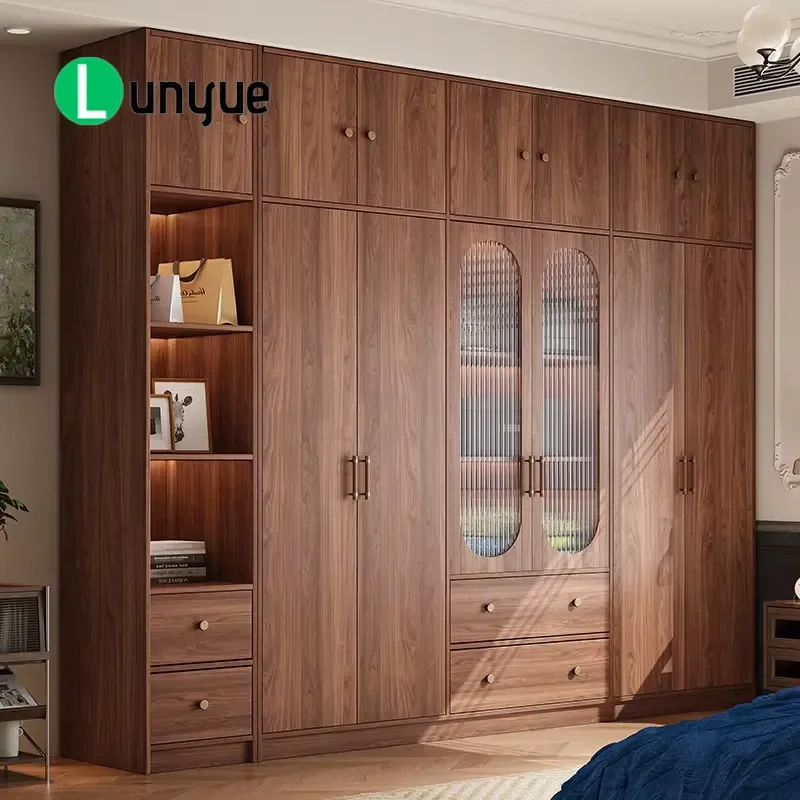 Retro Solid Wood Wardrobe with Glass Door French Nordic Medieval Style Metal Handle Master Bedroom Home Storage Locker