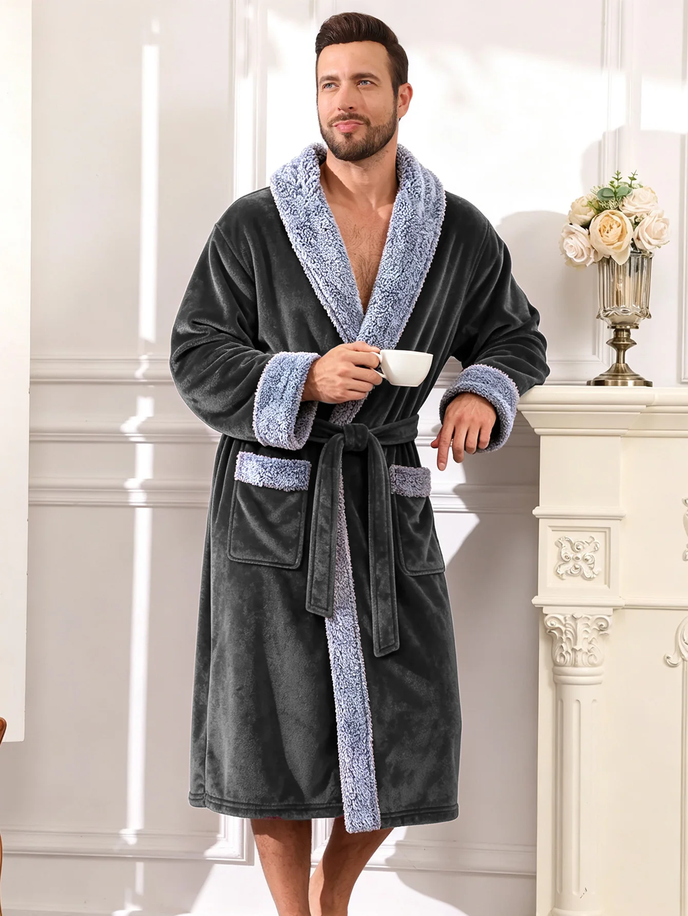 Men‘s Fleece Bathrobe Shawl Collar Thick Warm Long Sleeve Belted Pockets Winter Loungewear