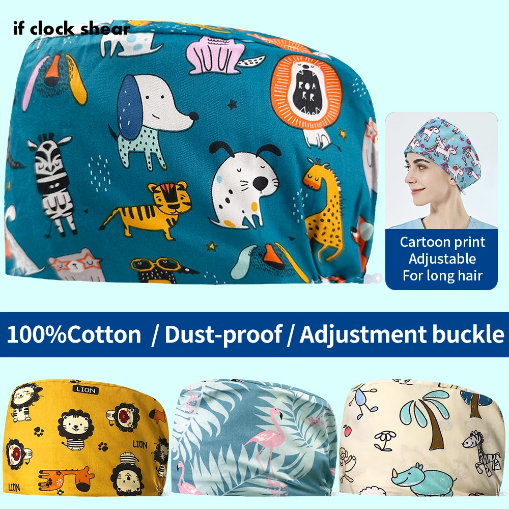 Unisex Dieren Printen Scrubs Petten Verpleging Muts 100% Katoen Scrubs Hoeden Verpleegkundige Accessoires Schoonheidssalon Werk Caps Groothandelsprijs