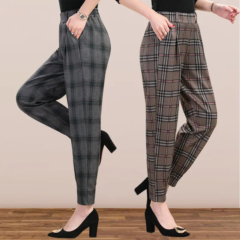 New Spring and Autumn Women\'s Style High Waist Elastic Loose Plaid Classic Harem Pants Fashion Casual Comfortable Trousers