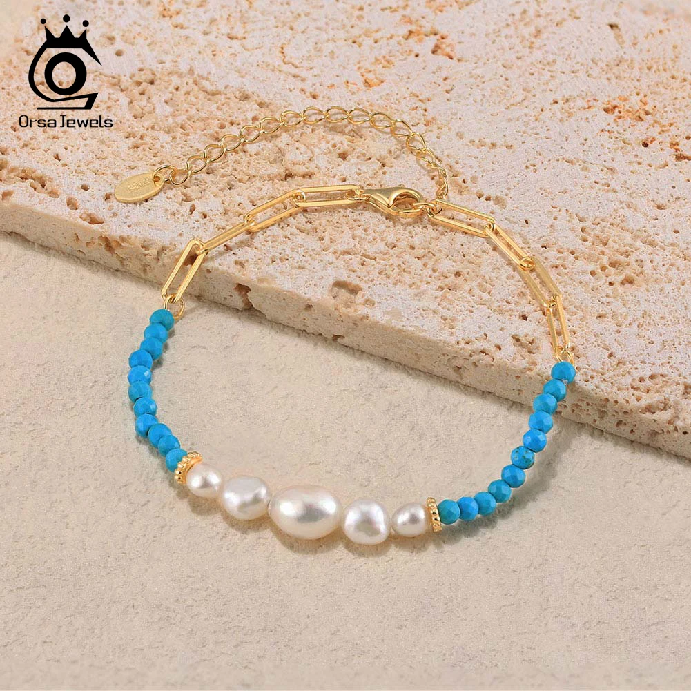 

ORSA JEWELS 925 Sterling Silver Natural Turquoise & Pearls Beaded Chain Bracelet Dainty Fine Jewelry Stone Bangle Gift MPB01