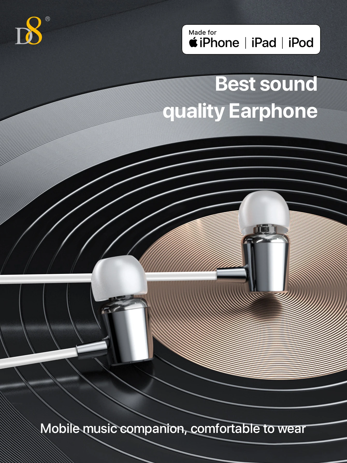 Auriculares con cable para IPhone, conector Lightning, certificado por Apple MFi, aislamiento de ruido, D8