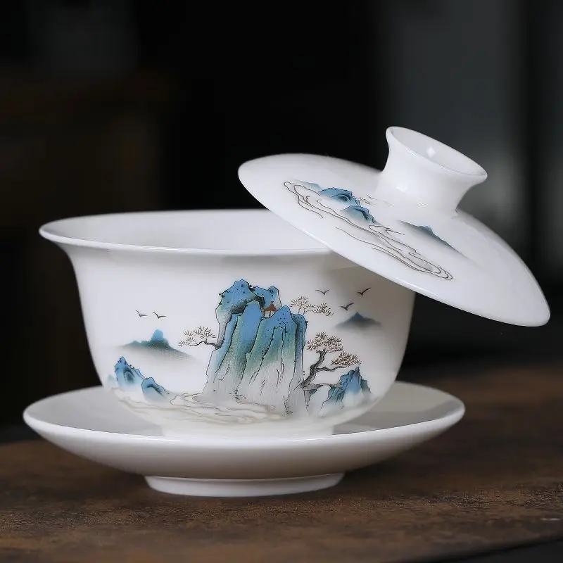 210ml smingle high-end large-sized tea bowl with a hovering jadeite lid white porcelain Gaiwan Dehua suspension Gongfu tea set