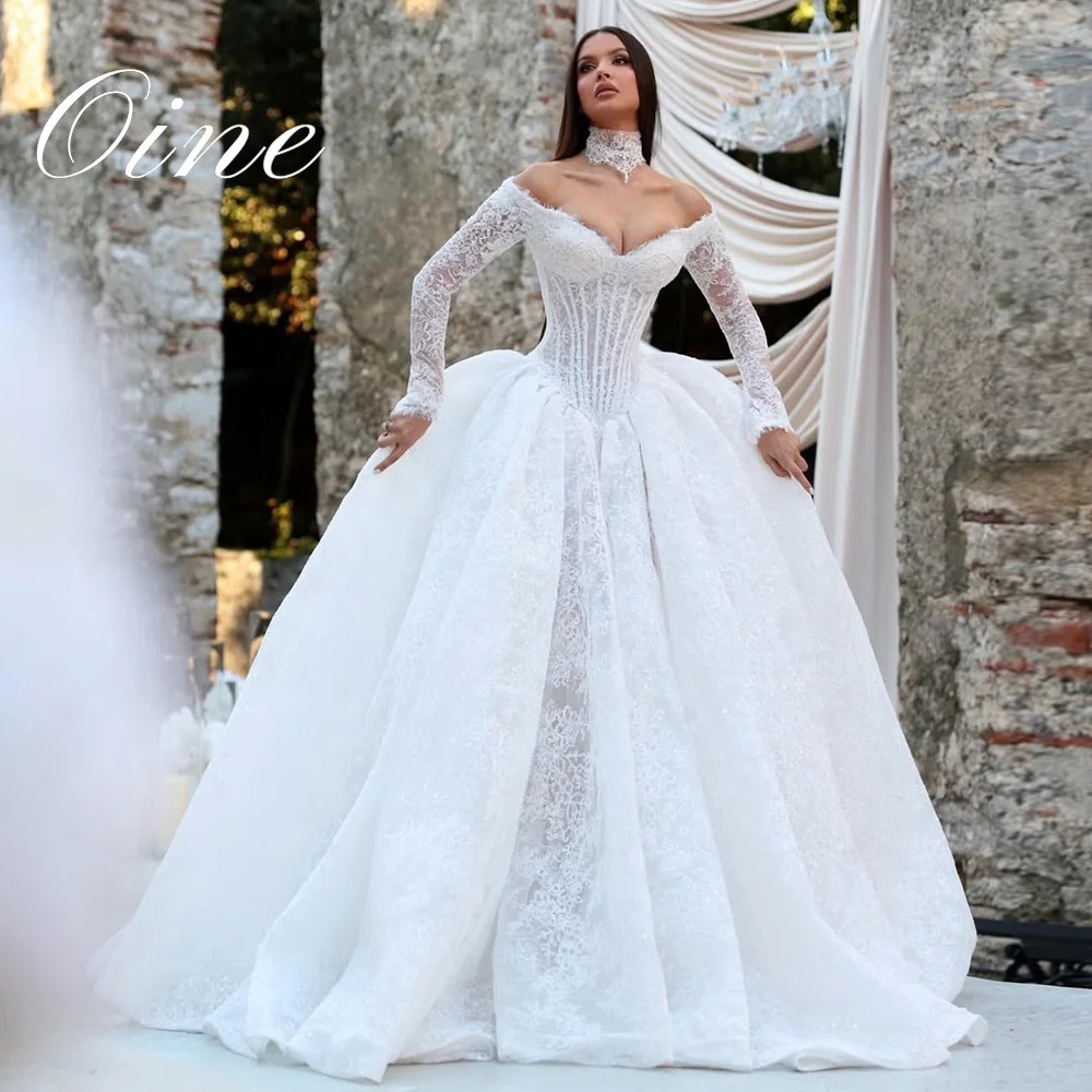 Oine Luxuriöse Spitzen-Plissee-Brautkleider Exquisites Langarm-Vestido De Novia Bustier-Korsett Abendkleid Vestidos Maßanfertigung