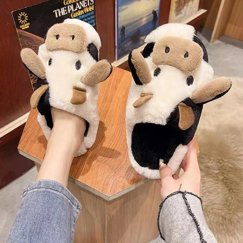 New Cute Milk Cow Women Slippers Kawaii Winter Warm Men Slippers Women Cartoon Fluffy Cow House Slipper For Women Girls