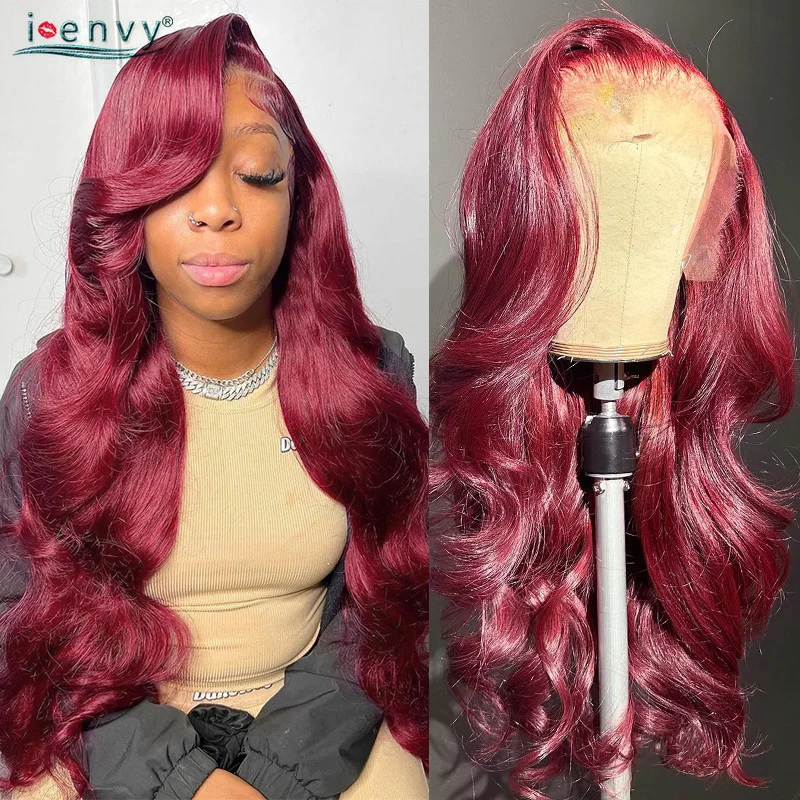 99J 13X6 Hd Lace Frontal Wig Body Wave 34'' Red Burgundy Lace Front Wigs Pre Plucked 13X4 Hd Lace Frontal Wigs Human Hair Wigs