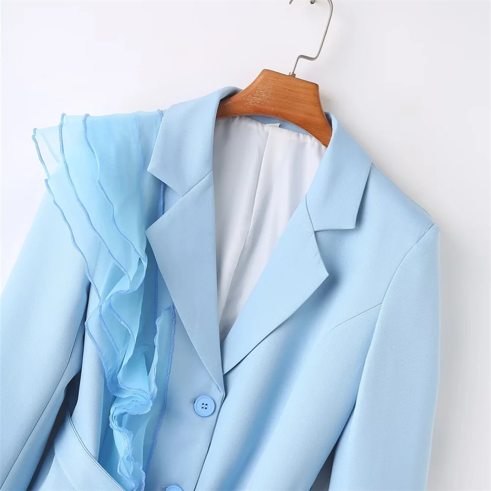 PB&ZA2024 autumn new women\'s clothing fashion temperament commuting solid color versatile blue patchwork organza jacket suit