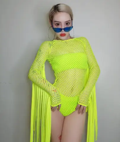 जैज़ डांस कॉस्ट्यूम नियॉन ग्रीन टैसल जंपसूट नाइटक्लब गोगो डांसर स्टेज हिप हॉप कपड़े डीजे सूट फीमेल रेव बॉडीसूट 10 best sales नीऑन हरा - №5