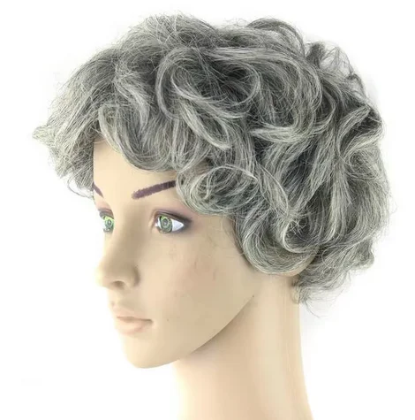 Perucas curtas de cosplay encaracoladas para homens e mulheres, peruca de cabelos grisalhos, cabelo sintético branco misturado, preto