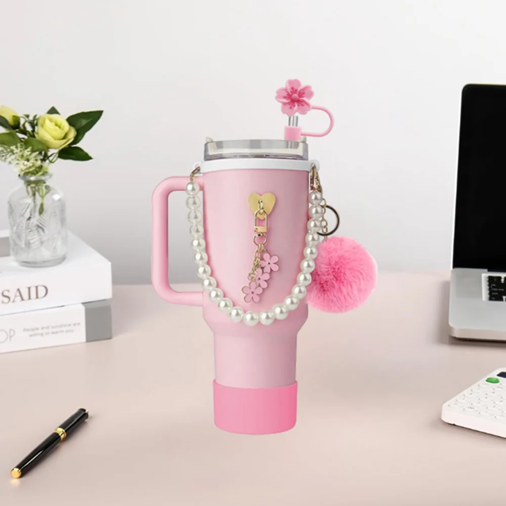 7Pcs Cup Accessories Set for 40oz Stanley - Water Bottle Handle Strap,Silicone Flower Straw Topper Cover Cap, Silicone Boot