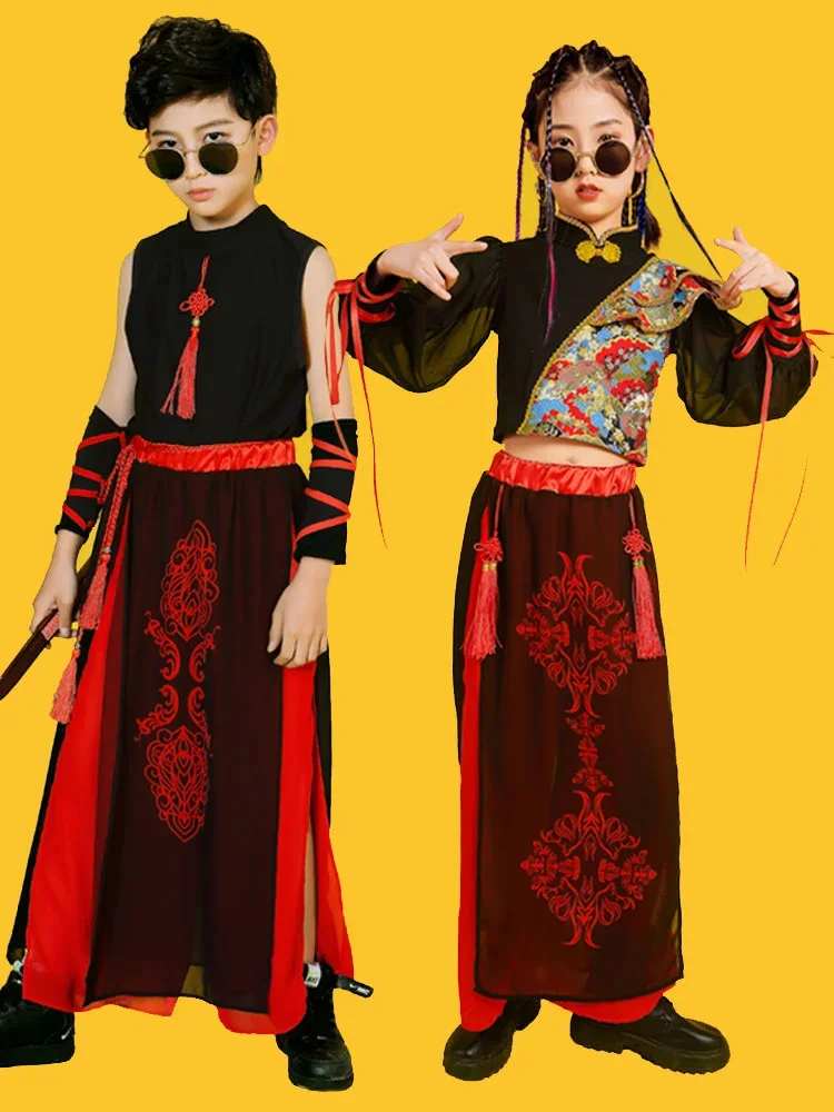 China-Chic chivalrous hip-hop performance clothes for women and men on stage, handsome children's performance clothes suit,