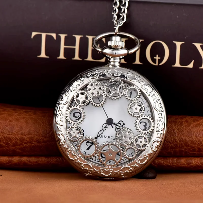 Hollowed-out pocket watch large silver gear quartz watch flip plain white pocket watch necklace hanging watch