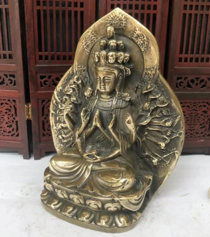 Archaize Brass Sit Lotus Thousand Hand Guanyin Buddha Home Decor Crafts Statue