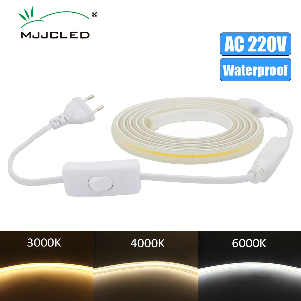 

AC 220V COB LED Strip Light Waterproof LED Ribbon 288LEDs/M High Density Flexible and Brightness 3000K 4000K 6000K Tape