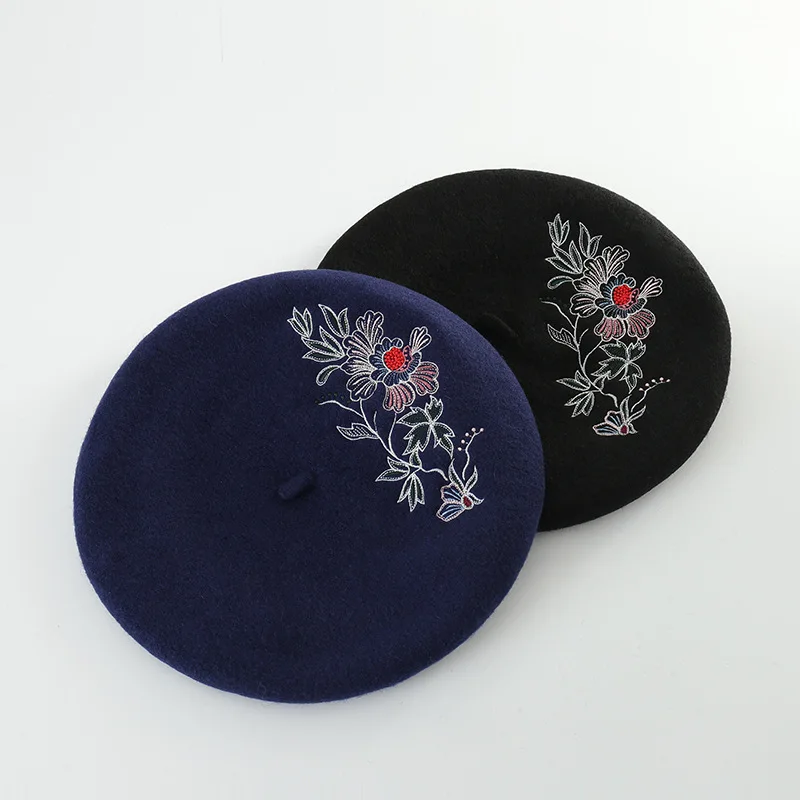 X189  Adult Wool Beret Hat Flower Embroidered Wool Beret Painter Hat Ladies Woolen Caps image 3