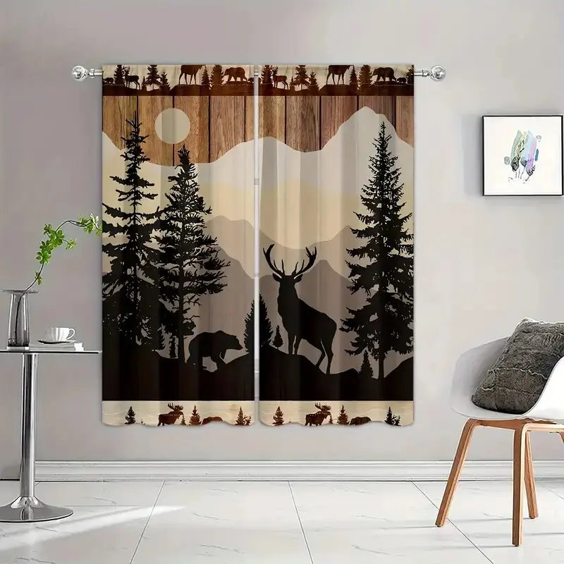 

2 pieces of Simple forest animals, retro bears and deer printed curtains, pole bag curtains , home decoration, room decoration