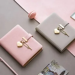 Cute Diary with Heart Lock Key PU Leather Notebook School Supplies Lockable Password Writing Pads Girls Gift Korean Stationery