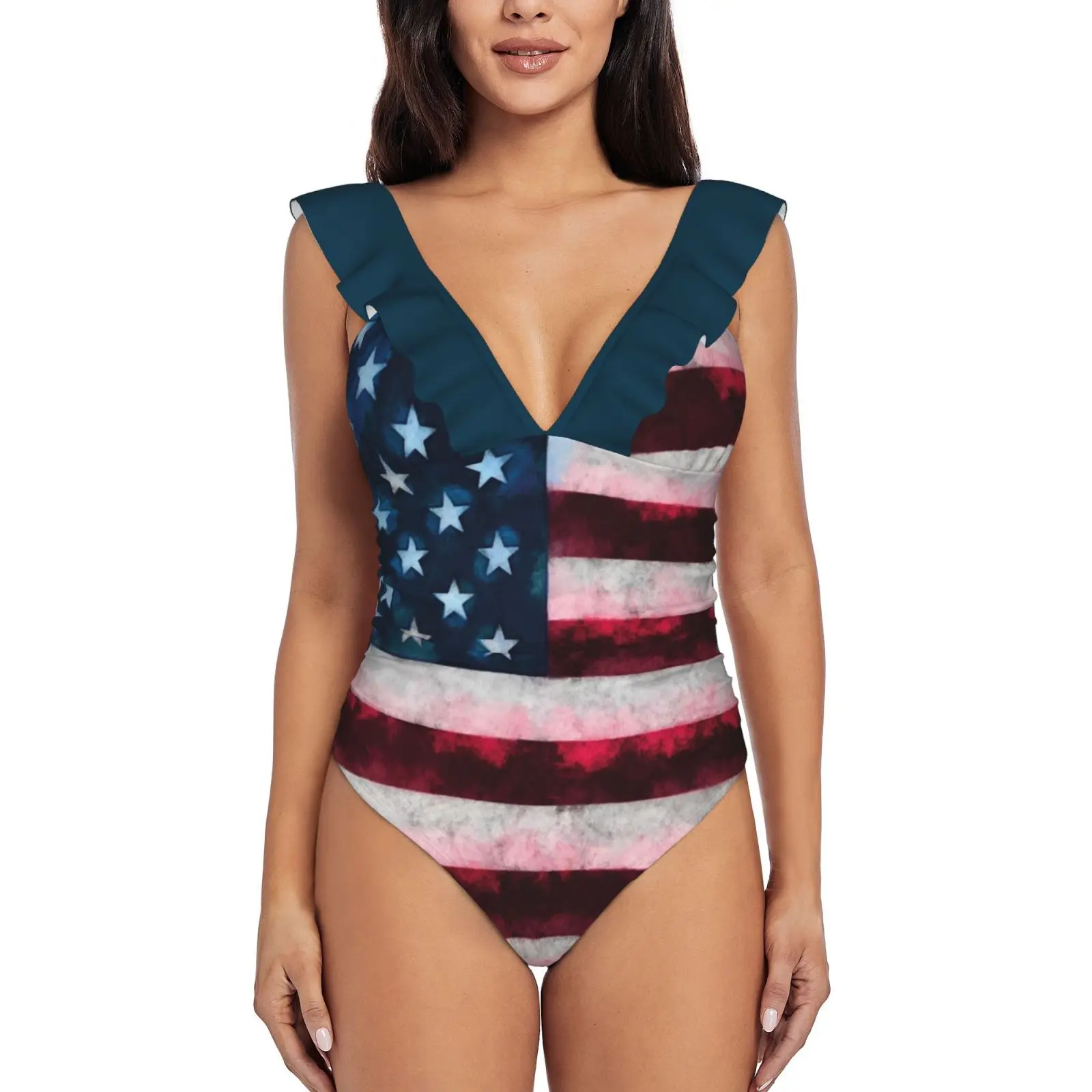 

Usa Flag Sexy One Piece Swimsuit Women Swimwear Monokini Ruffle Bathing Suit Beach Wear Usa America American Flag 4Th Of July