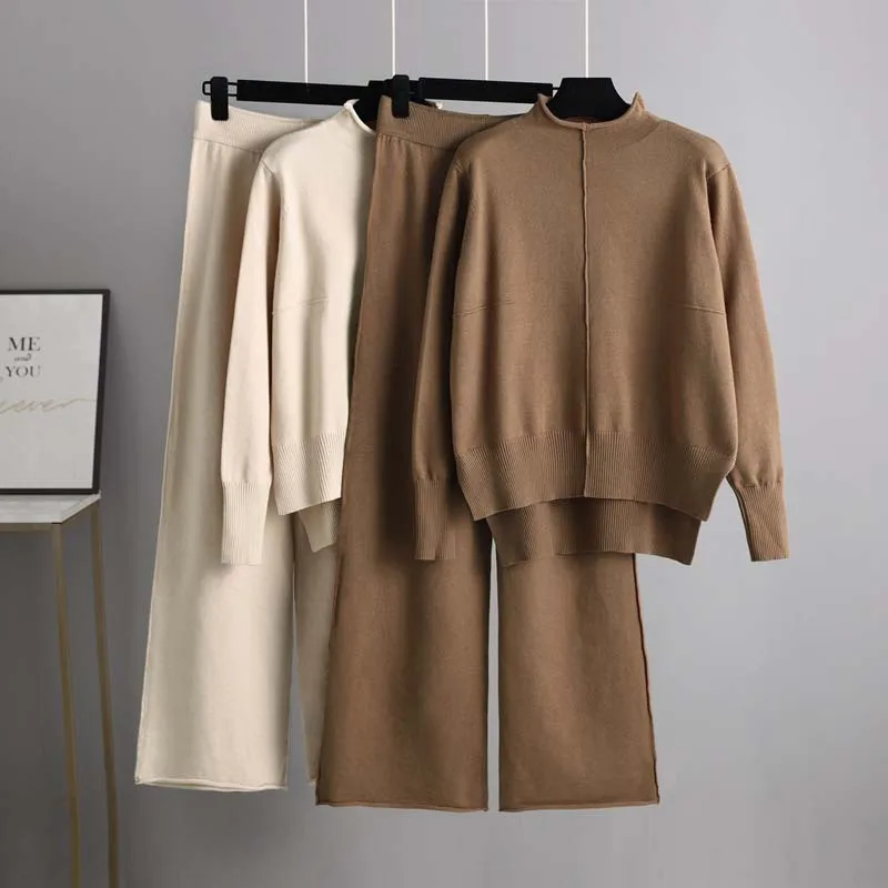 

Knitted Sweater Two-Piece Set For Women, Autumn Winter New Loose Casual Wide-Leg Pants Set, Internet Celebrity Style