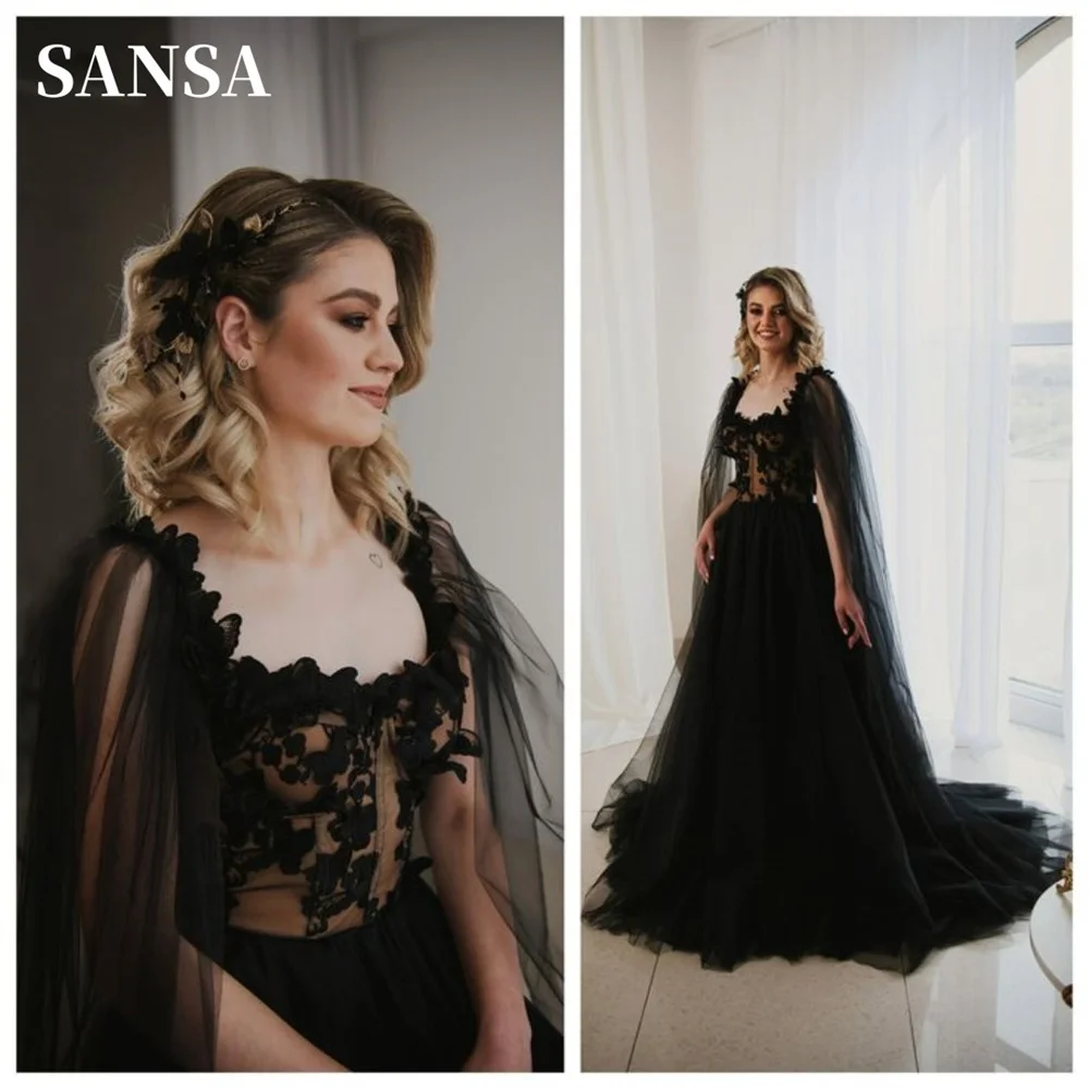 

Sansa Black Cape Sleeve Wedding Dress Butterfly Embroid Corset Vestidos De Noche Plus Size Tulle Ball Gown فساتين السهرة