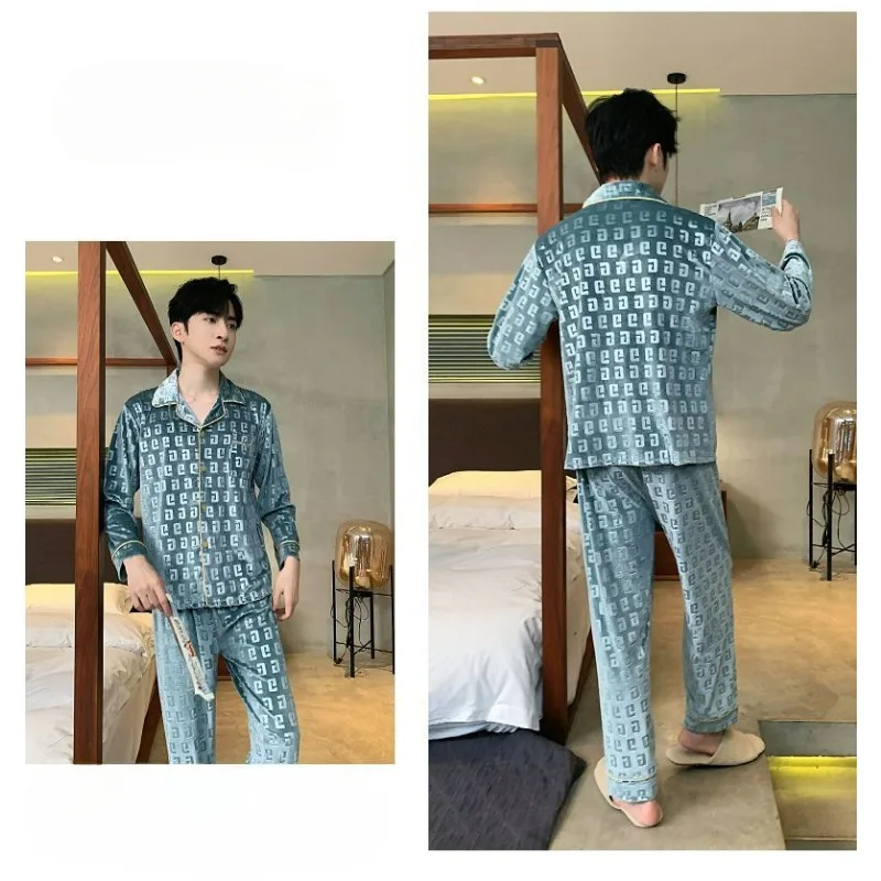 Gold Velvet Men Pajamas Autumn Winter New Male Long-Sleeved Trousers Light Luxury Homewear Suit Casual Large Size Sleepwear Sets