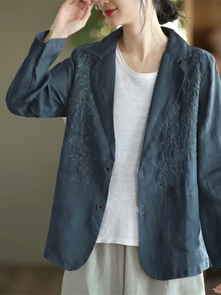 Lente Zomer Nieuwe Zware Borduurwerk Linnen Pak Jas Grote Maat Losse Revers Lange Mouw Open Cardigan Buitenkleding voor Dames