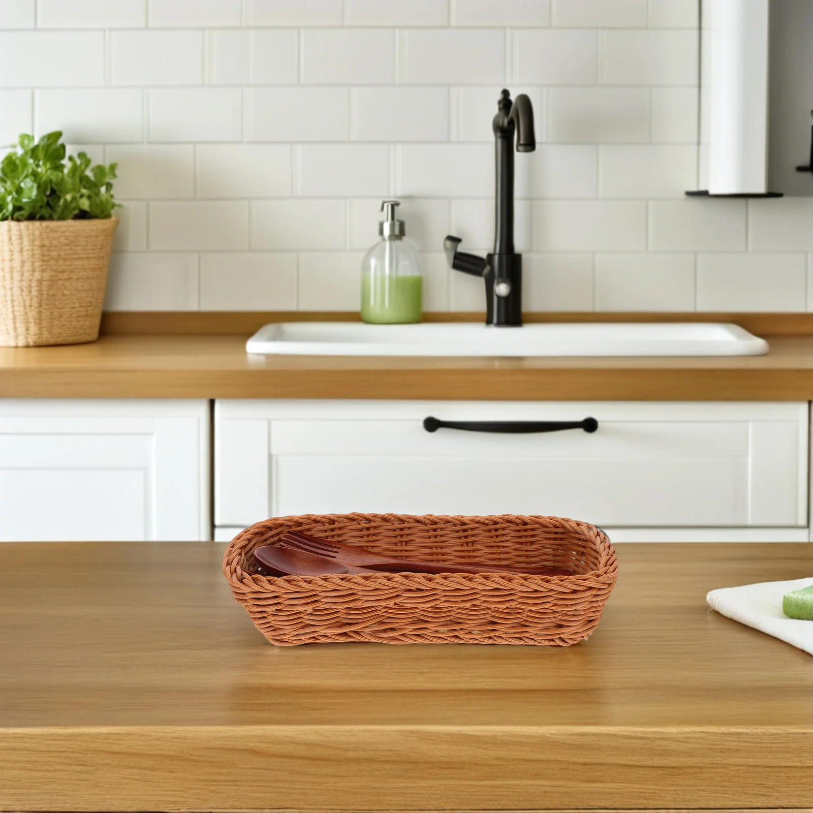 Caixa de armazenamento de garfo, cesta de cozinha de tecido de rattan de plástico para talheres, colher, faca, pauzinhos, organizador, suporte de drenagem de talheres