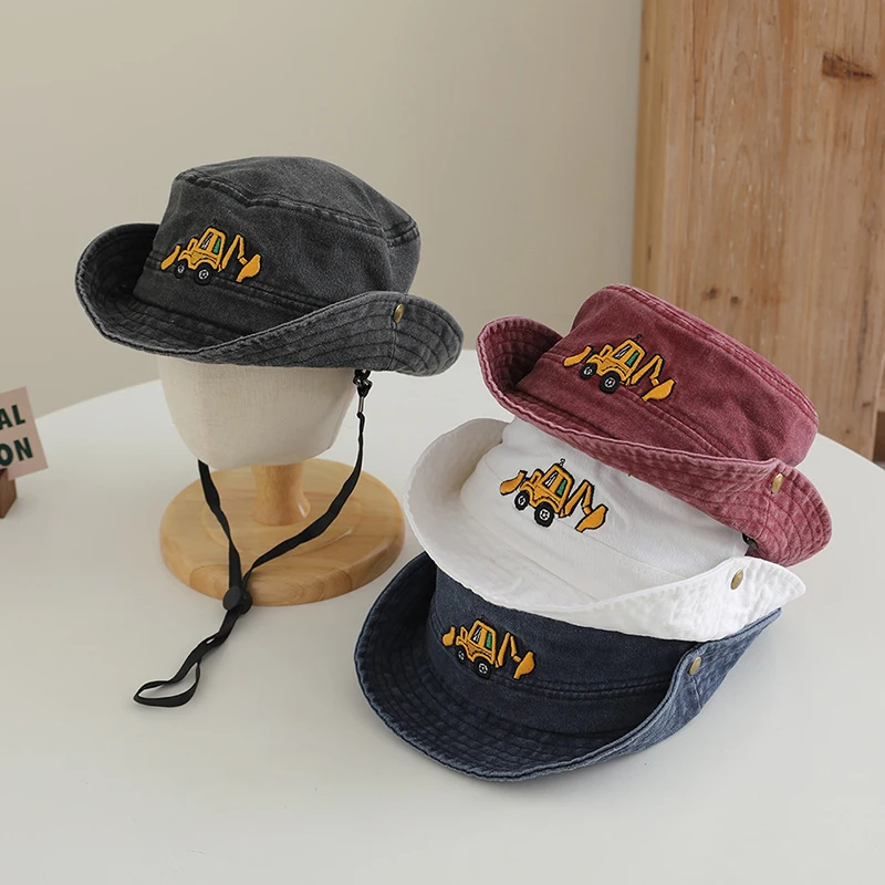 

Cute Embroidered Bucket Hat for Kids Cartoon Excavators Toddler Fisherman Cap Summer Outdoor Beach Children Panama Sun Hats
