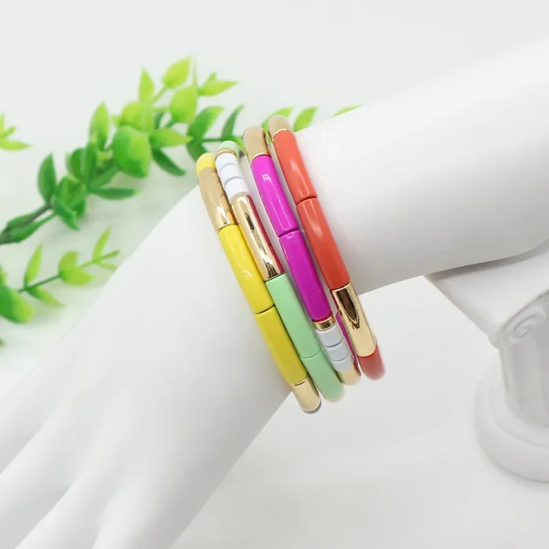 

Bohemian DIY Fashion Enamel Women's Bracelet, Bamboo Tube, Rainbow Color-blocking Elasticity, Women's Beaded Bracelet, Jewelry