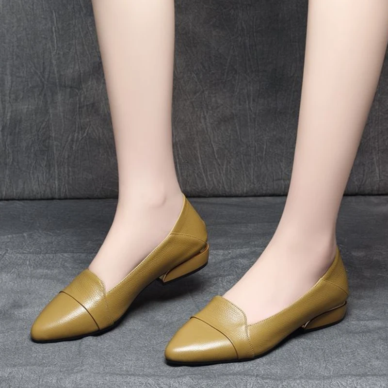 Buty dla kobiet 2024 Normal Leather Casual Ladies Summer Footwear Yellow Block Heel Chunky Heels Pointed Toe Low Elegant Chic A