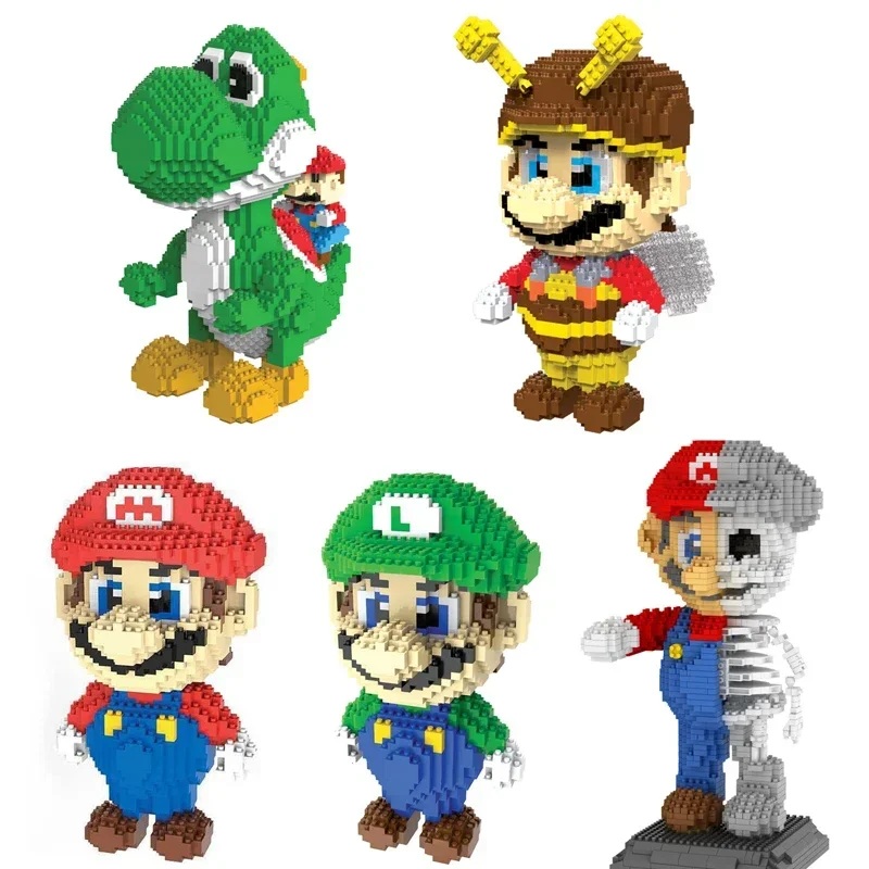 Funny Super Mario Micro Building Blocks Skeleton Mario Yoshi Luigi Bowser Bros Bricks DIY Assembly Figure Toys for Child Gift