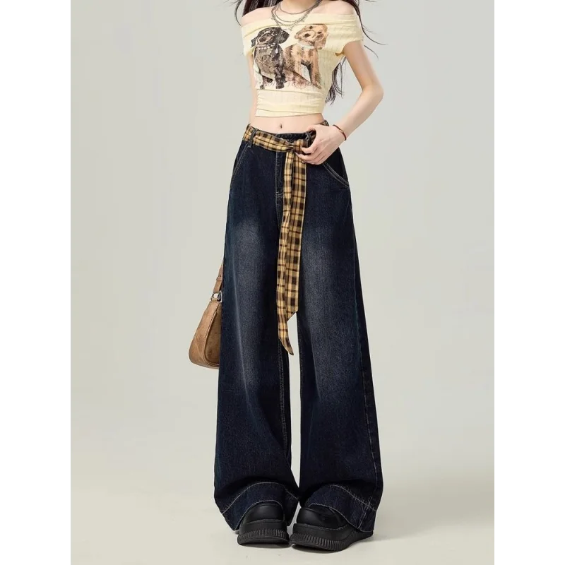 Stylish American Vintage Plaid Patchwork Jeans Women Summer Loose Wide Leg Pants