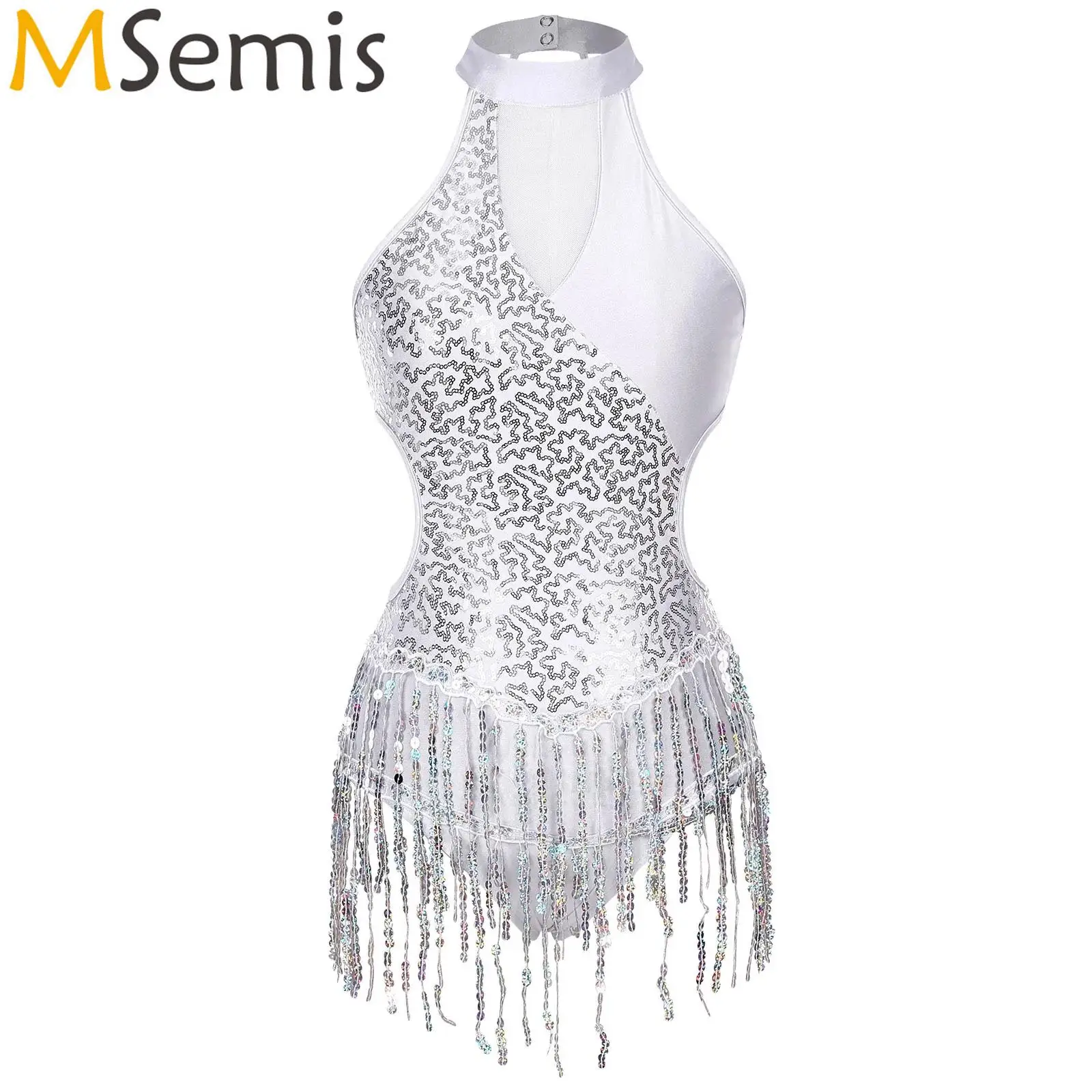 Gymnatics da donna senza maniche body con frange Dancewear Latin Cha-Cha Ballet Dance Performance Costume scintillante body con paillettes