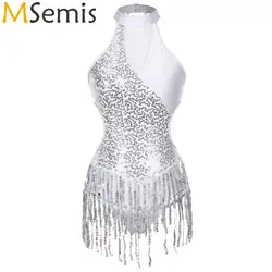 Womens Gymnatics Sleeveless Fringed Leotard Dancewear Latin Cha-Cha Ballet Dance Performance Costume Sparkling Sequin Bodysuit