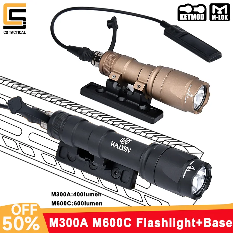 

WADSN Tactical M600 M600C M300 M300A Scout Flashlight White LED Light With M-Lok Keymod Base Mount Rail Hunting Weapon Accessory