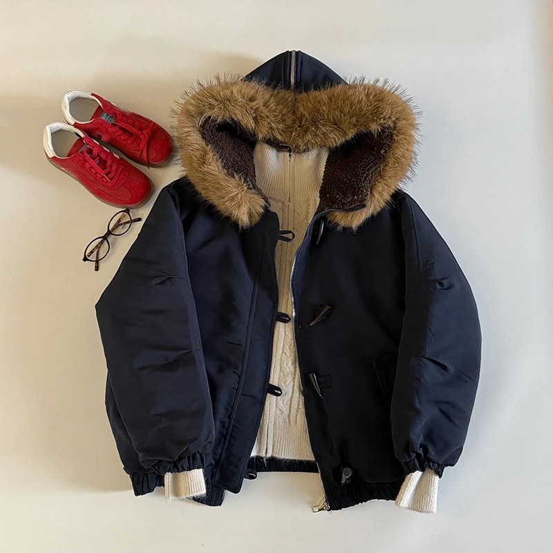 

Хлопковая куртка на пуху с большим меховым воротником для женщин, шикарные короткие хлопковые стеганые пальто с роговой пуговицей, новая зимняя свободная утолщенная парка