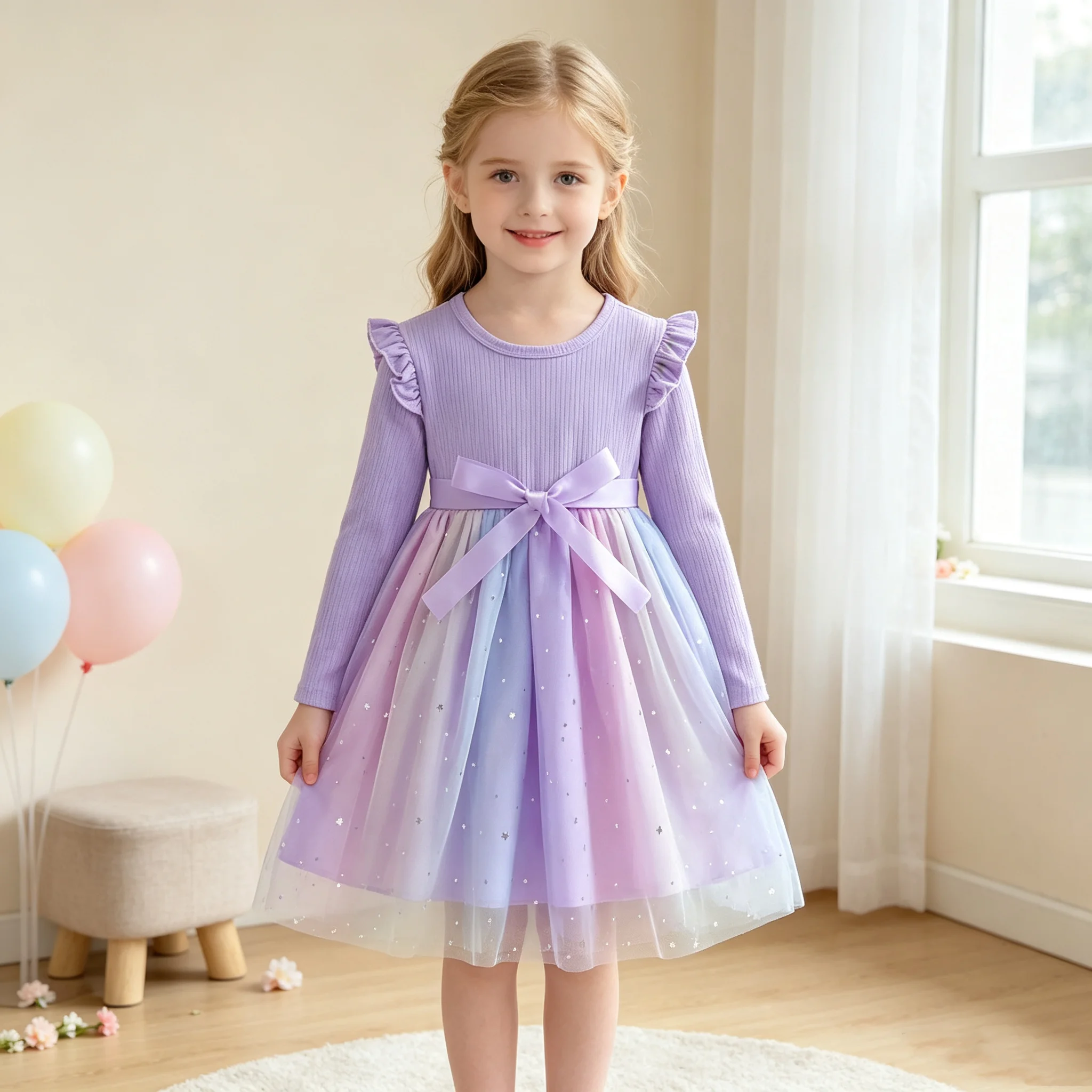 Chiffonkleid mit Farbverlauf, langen Ärmeln, silbernen Sternpailletten und Schleifendetails, Herbst- und Winter-Prinzessinnenkleid mit Cartoon-Muster. – Detail 2
