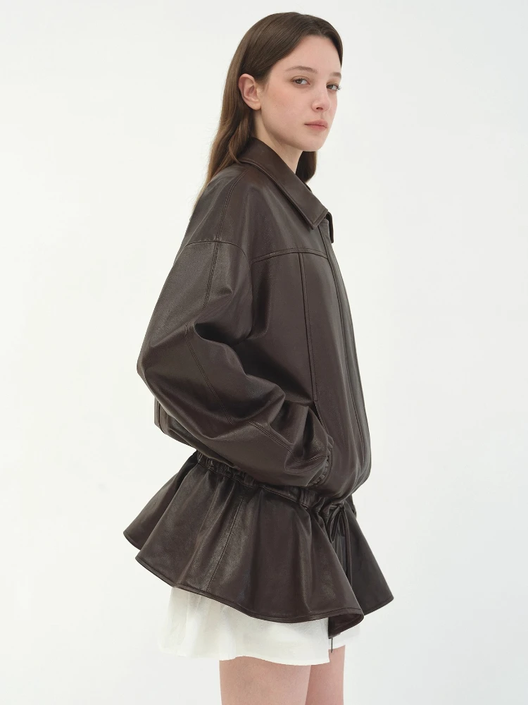 Elegante halflange lederen jassen voor dames lente herfst 2022, hoogwaardige eenvoudige vintage losse zachte echte schapenvacht jas