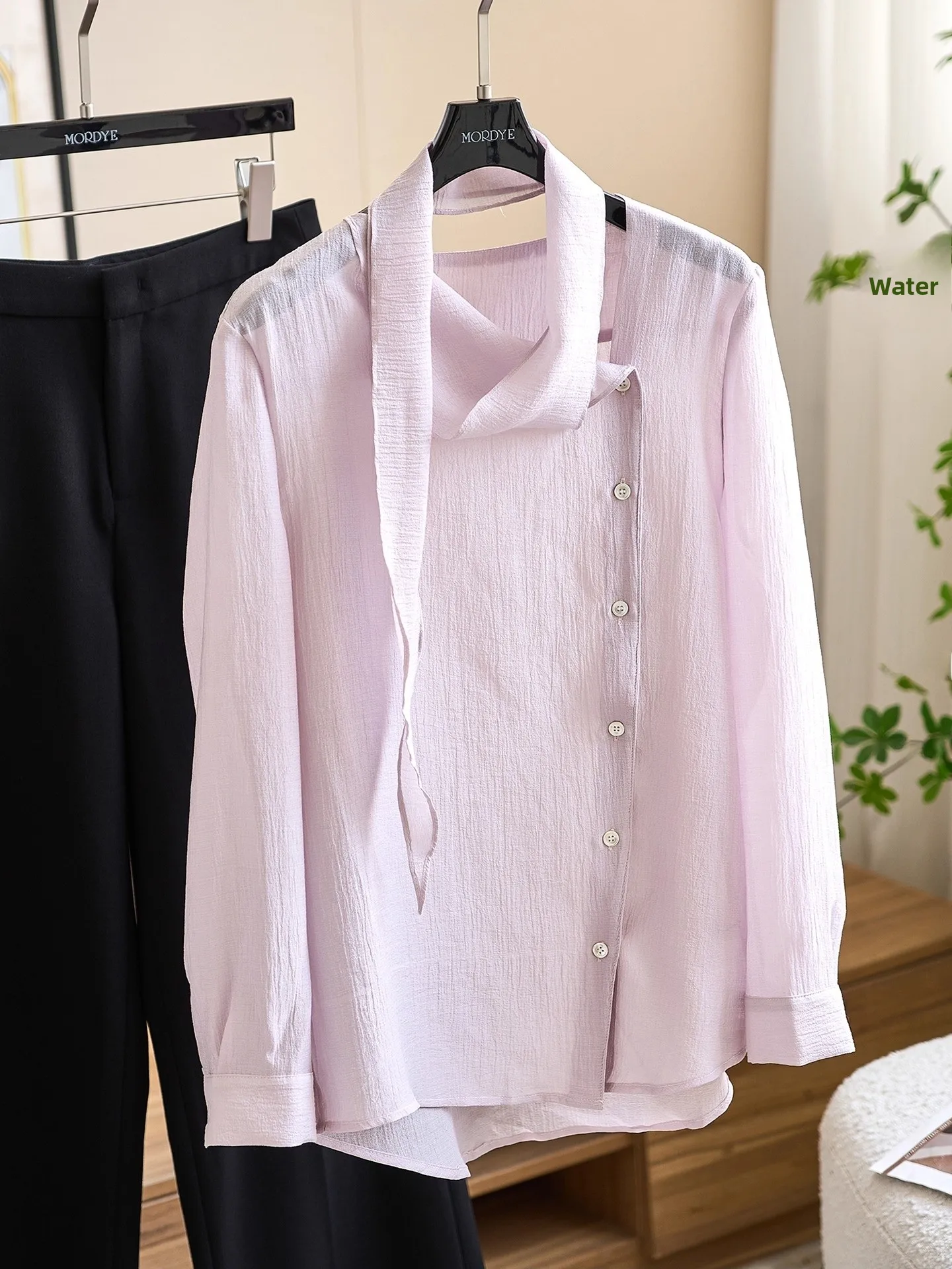 

Silk Texture Satin Women's Long Sve irt with Scarf Netie Pink Original Design Straight Cut Button up Breathable Casual...