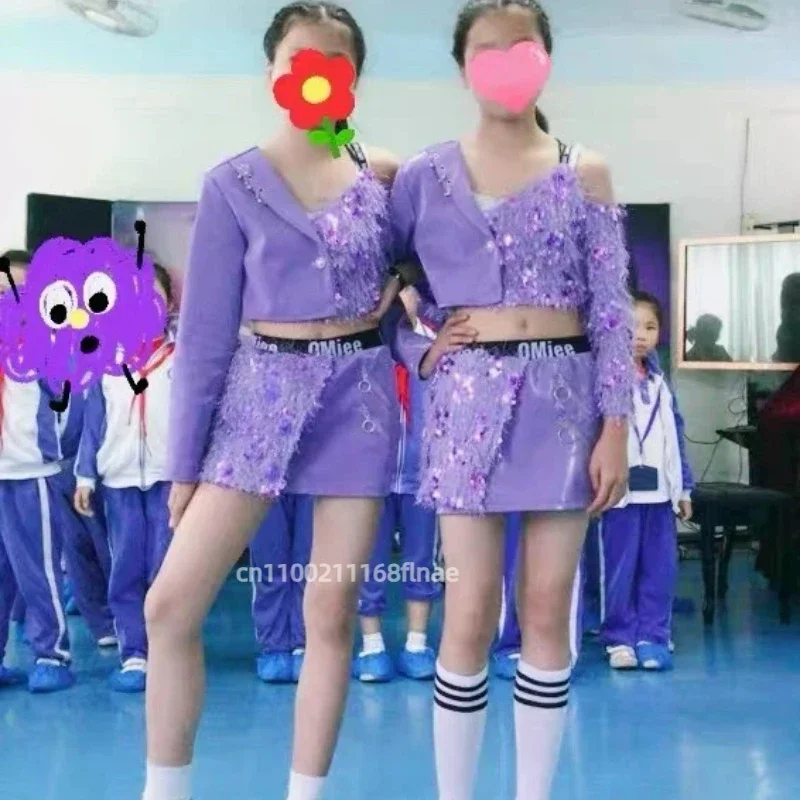 Children's Jazz Dance Costume, Girls' Dopamine Runway Show, Dance Performance Costume, Purple Set for Girls' Models