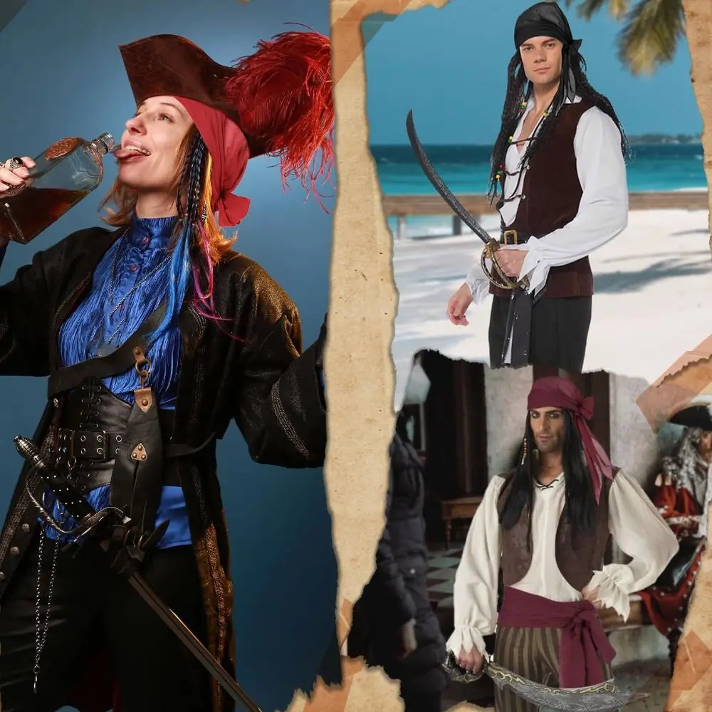 2Pcs/set Captain Jack Sparrow Halloween Festival Costume Hip-hop Versatile Pirate Captain Turban Party Cosplay Props