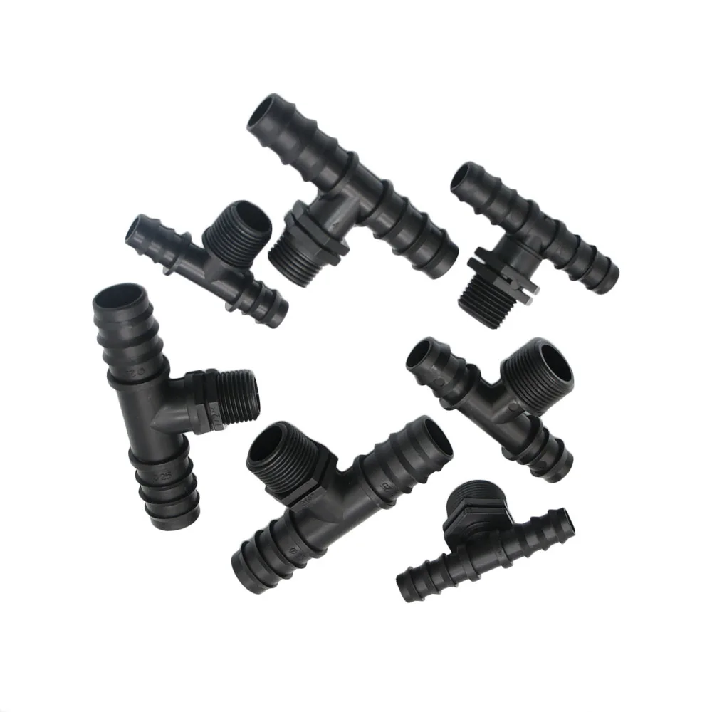 

16/20/25mm Garden PE Hose 2-way Water Splitter 1/2 3/4" Thread Barb Connector Plastic Pipe Tube Fitting