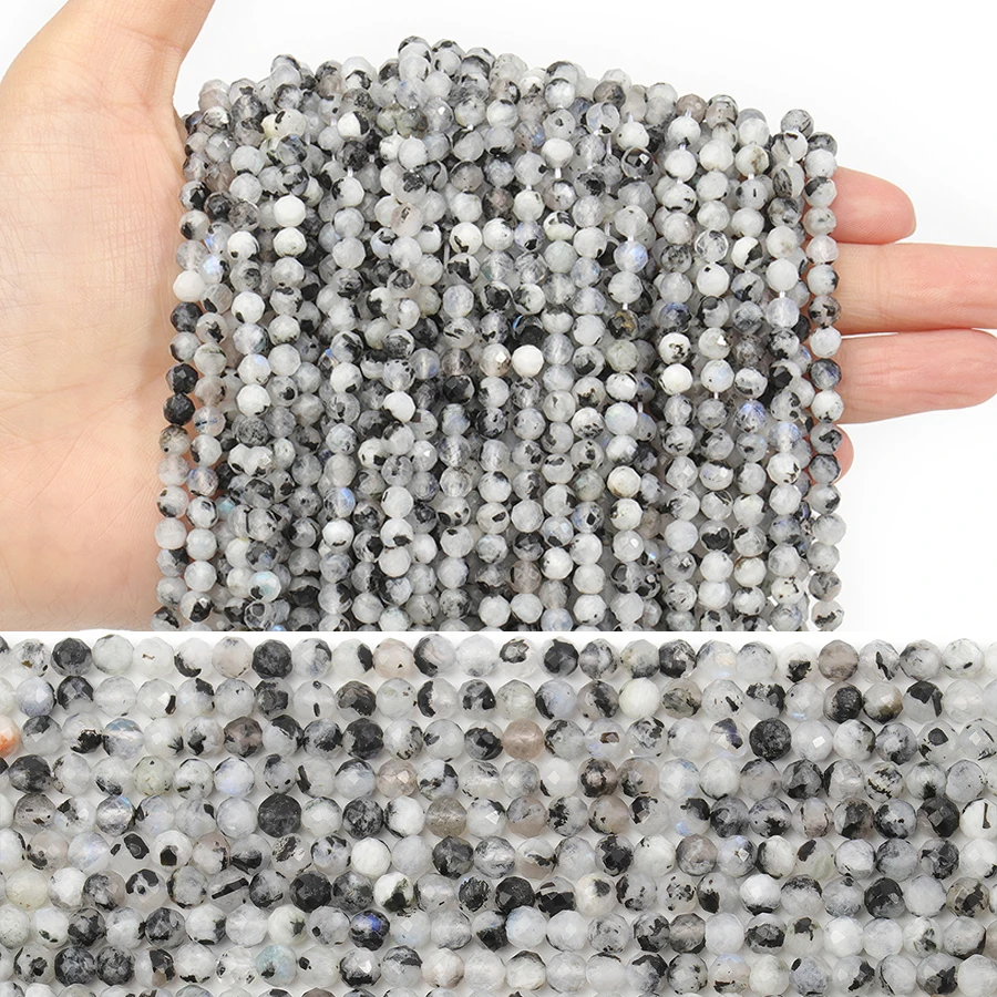 Großhandel 2 3 4mm kleine facettierte natürliche schwarze Fleck Mondstein Perlen runde Spacer Perlen für DIY Armbänder Halsketten Schmuck herstellung