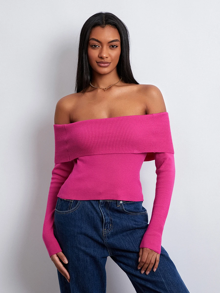 Women Off Shoulder Fold Over Long Sleeve Sweater Pullover Tops Casual Sexy Knit Slim Crop Tee Shirts Ribbed Blouse Tops