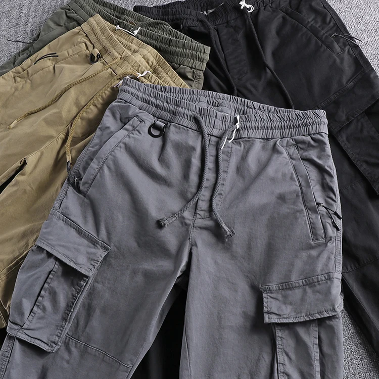 Trendy Men's Cargo Pants Casual Nine-Point Slim Fit Korean Style Versatile Leisure Trousers with Pockets Fashionable Urban Wear