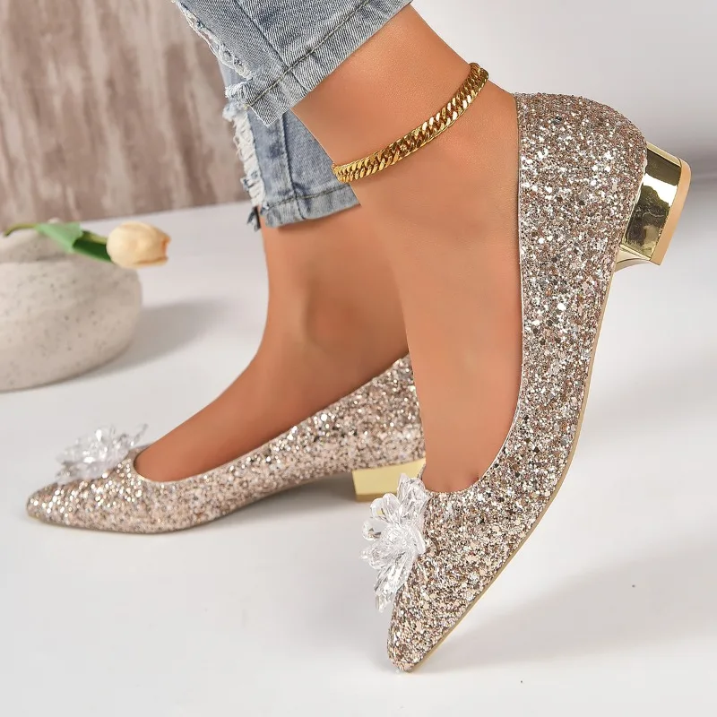 2023 Spring and Autumn New Fashion Outwear Sequin Face Pointed Women\'s Large Shallow Mouth Single Shoes High Heels Women